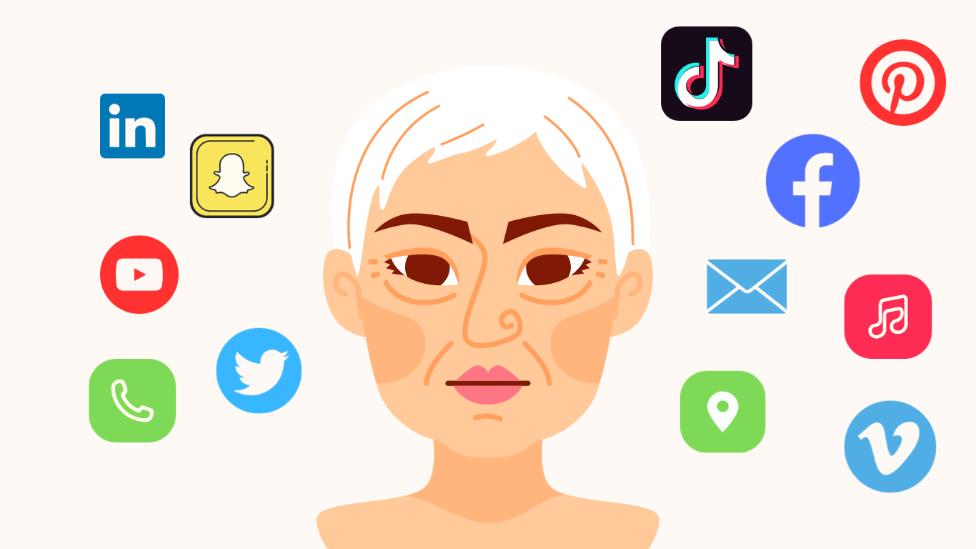 elderly woman with apps floating around her head