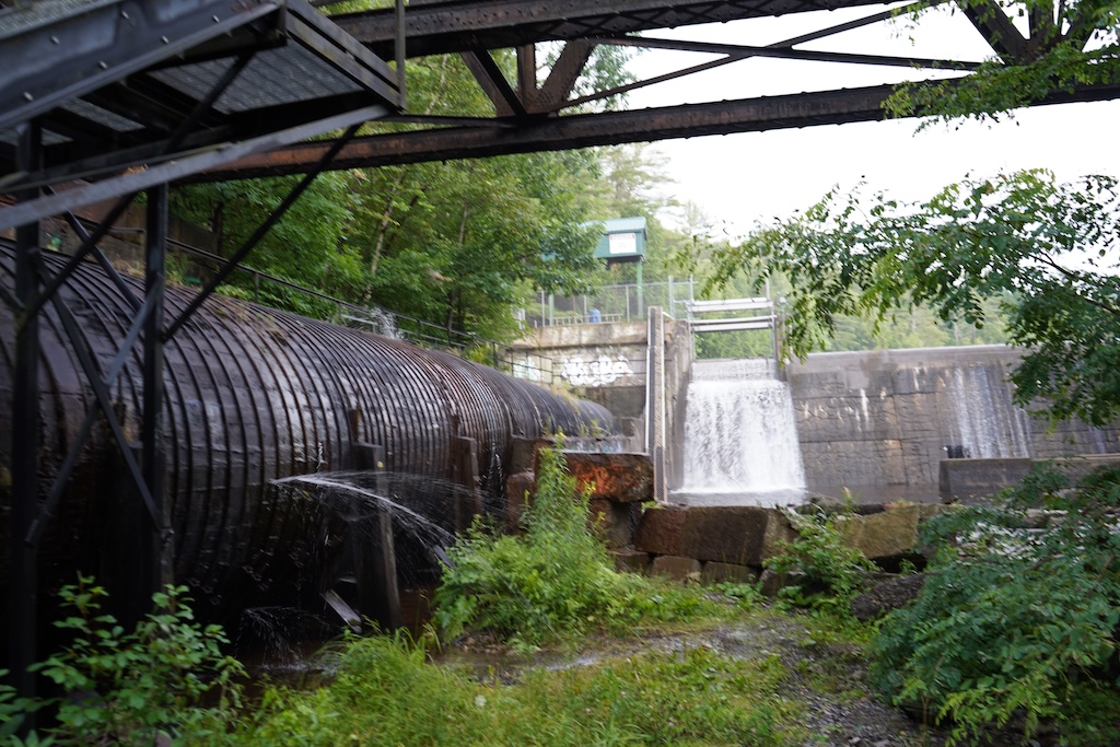 Photo of some sort of tunnel on the left side, presumably filled with water, there are some metal structures overhead, there is a concrete wall with water flowing down part of it as well as some graffiti to the left of the water, the area is overgrown with fauna.