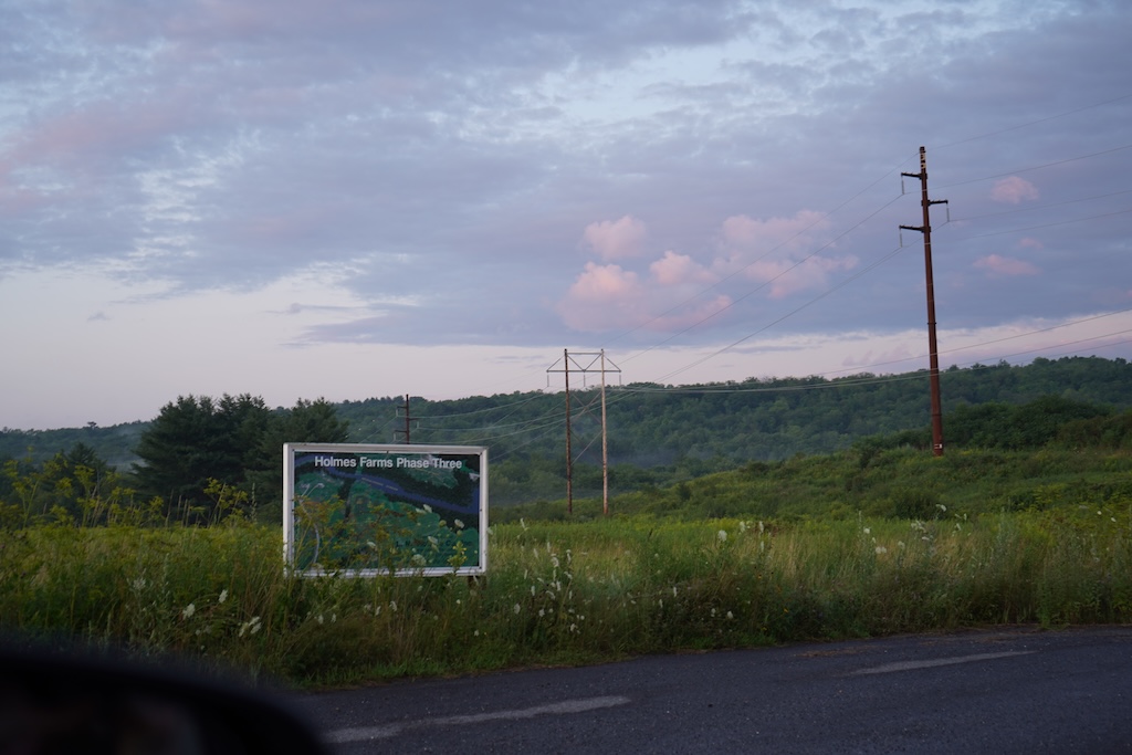 Photo of a sign with some overgrown grass, part of the road is visible, more power lines can be seen, the sky is mostly covered with more blue-purple clouds.