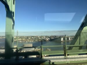 Window view of a bridge in boston