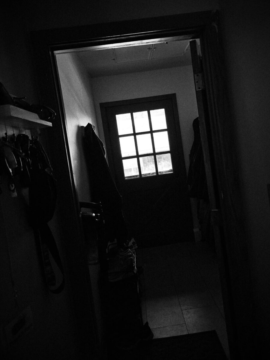 A dark, black and white mudroom of a house. Restricted sunlight streams in through the cell-like glass of the closed front door, barely illuminating the crooked room.