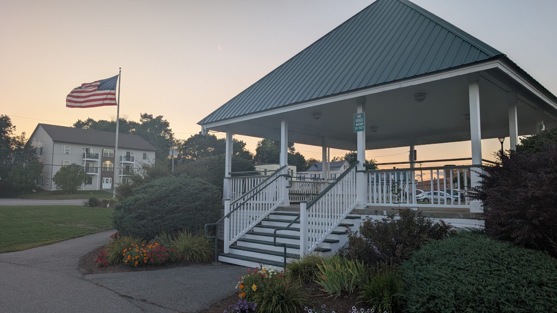 Gazebo with flag in the background