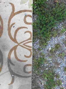 A man-made rug contrasted with natural turf